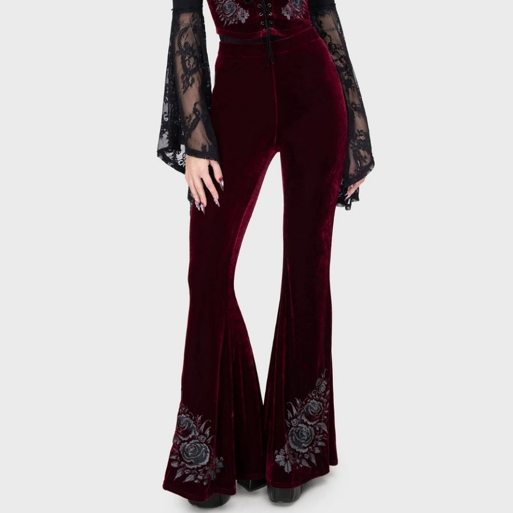 Elegant Velvet Burgundy Flared Pants - Picture 2 of 4